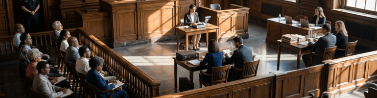 Empty wooden courtroom with judge's bench, jury box, and seating areas illuminated by sunlight